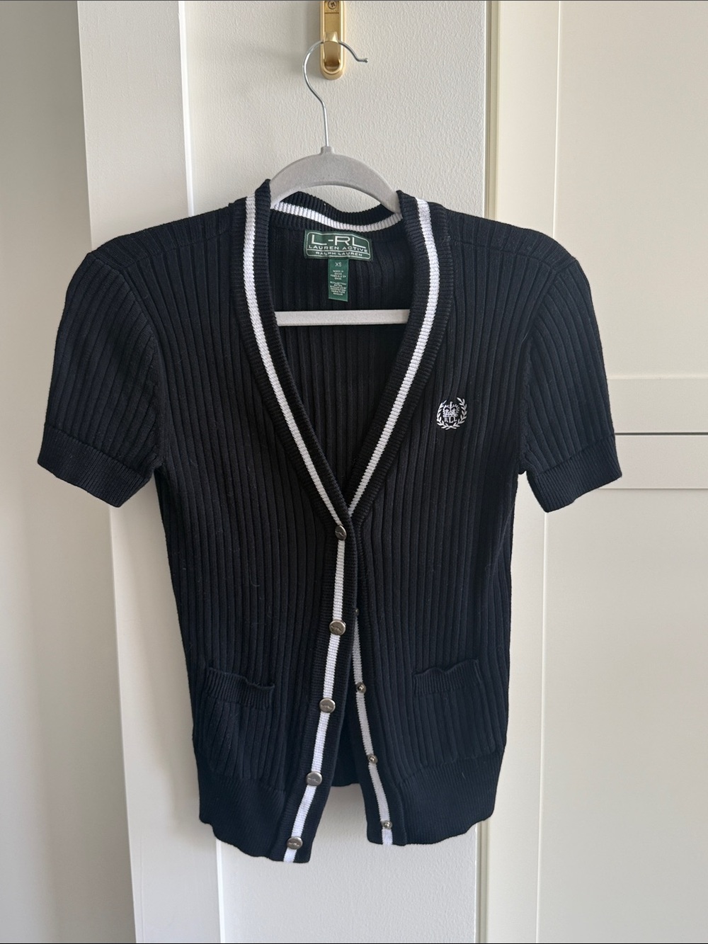 Ralph Lauren Black Ribbed Short-Sleeve Cardigan with White Trim